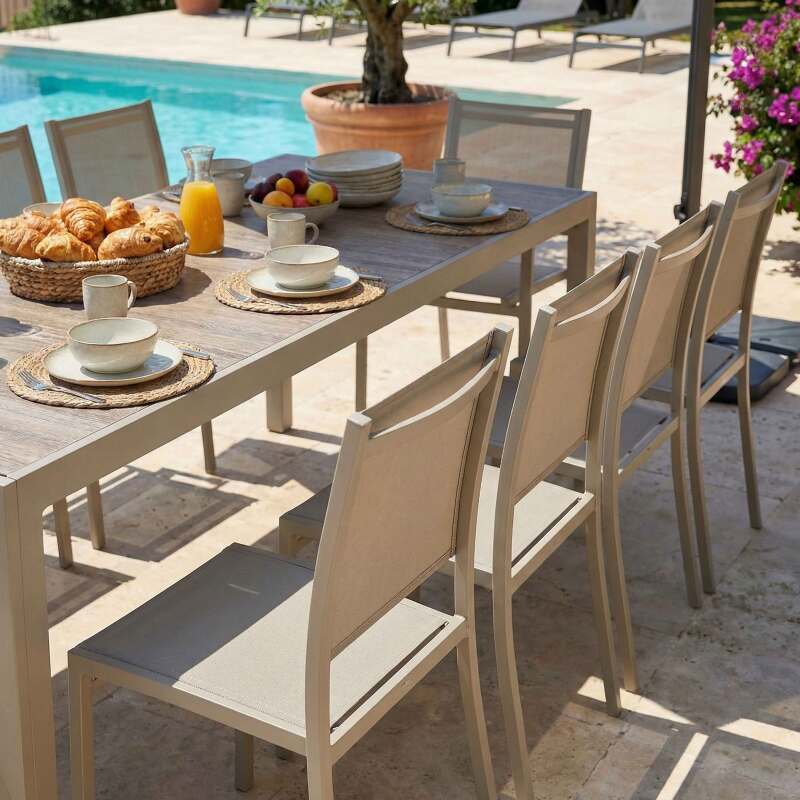 Table de jardin en aluminium et céramique effet bois 206x100 cm et 10 chaises en textilène (2/8)