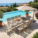 Table de jardin en aluminium et céramique effet bois 206x100 cm et 10 chaises en textilène