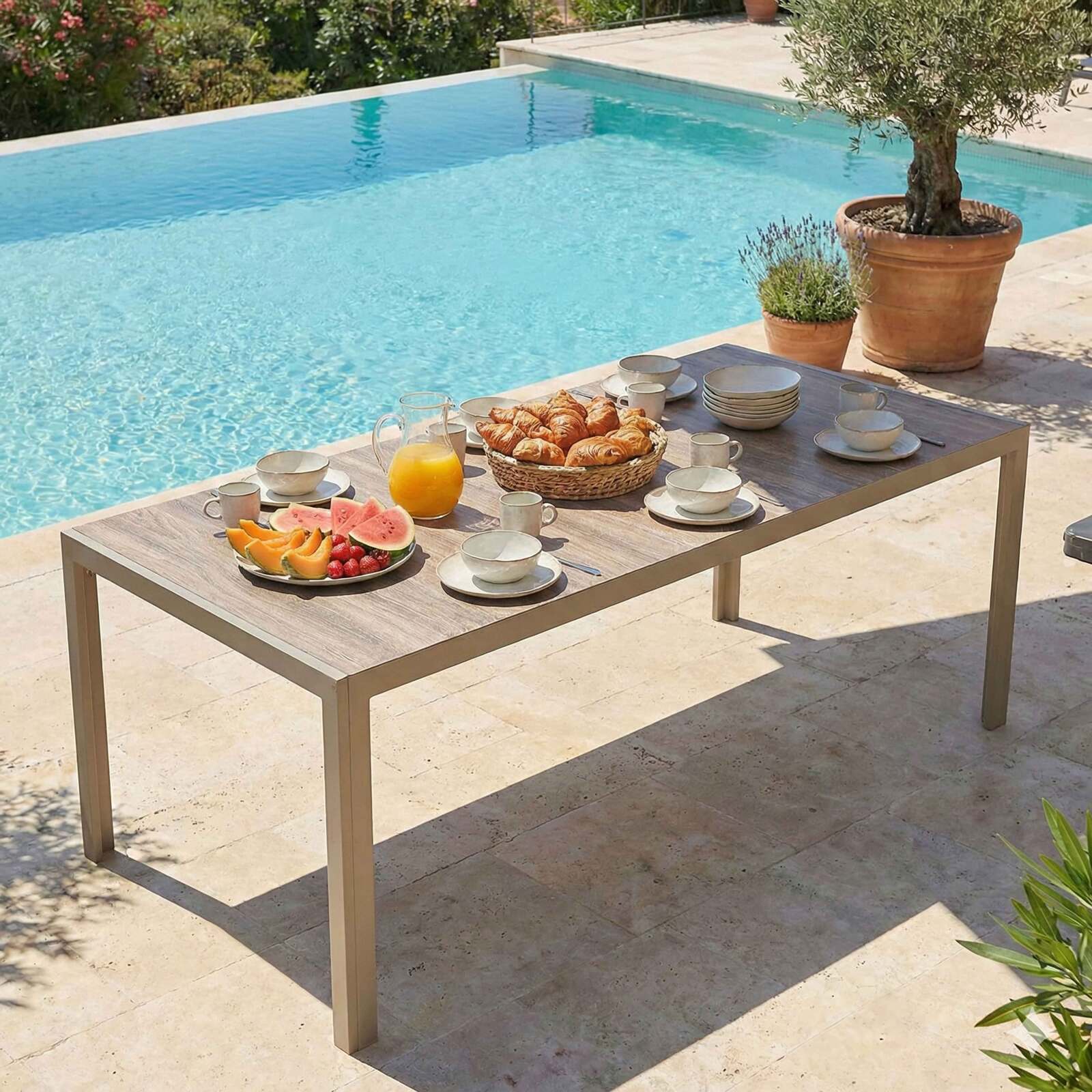 Table de jardin en aluminium et céramique effet bois 8 personnes 206x100 cm