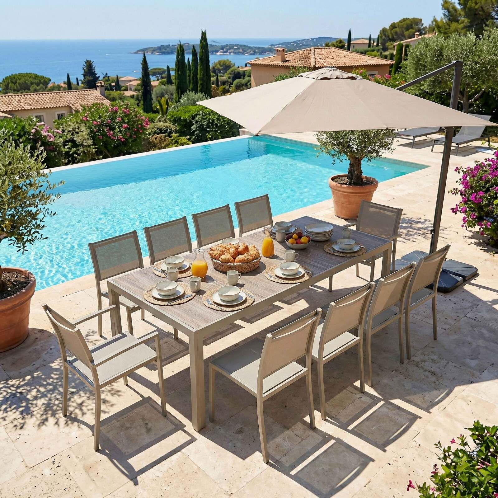 Table de jardin en aluminium et céramique effet bois 8 personnes 206x100 cm