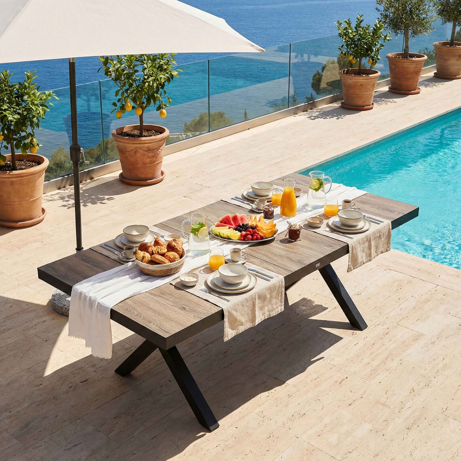 Table de jardin en aluminium et céramique effet bois 8 personnes 201x100 cm