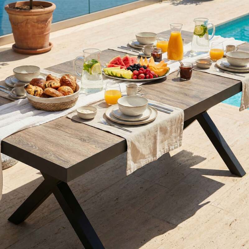 Table de jardin en aluminium et céramique effet bois 8 personnes 201x100 cm (2/8)