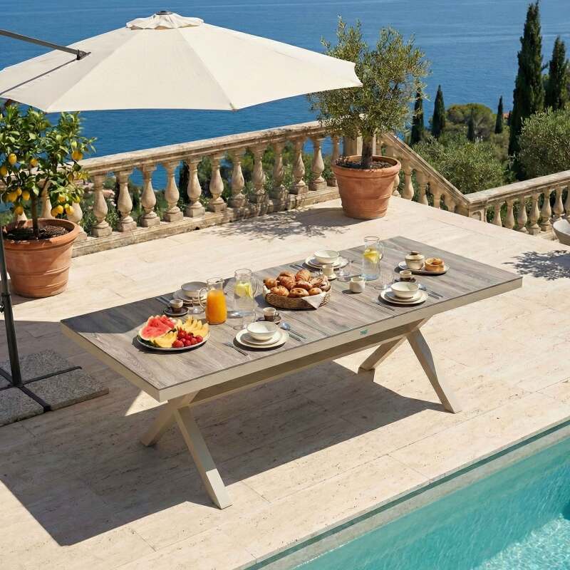 Table de jardin en aluminium et céramique effet bois 8 personnes 201x100 cm