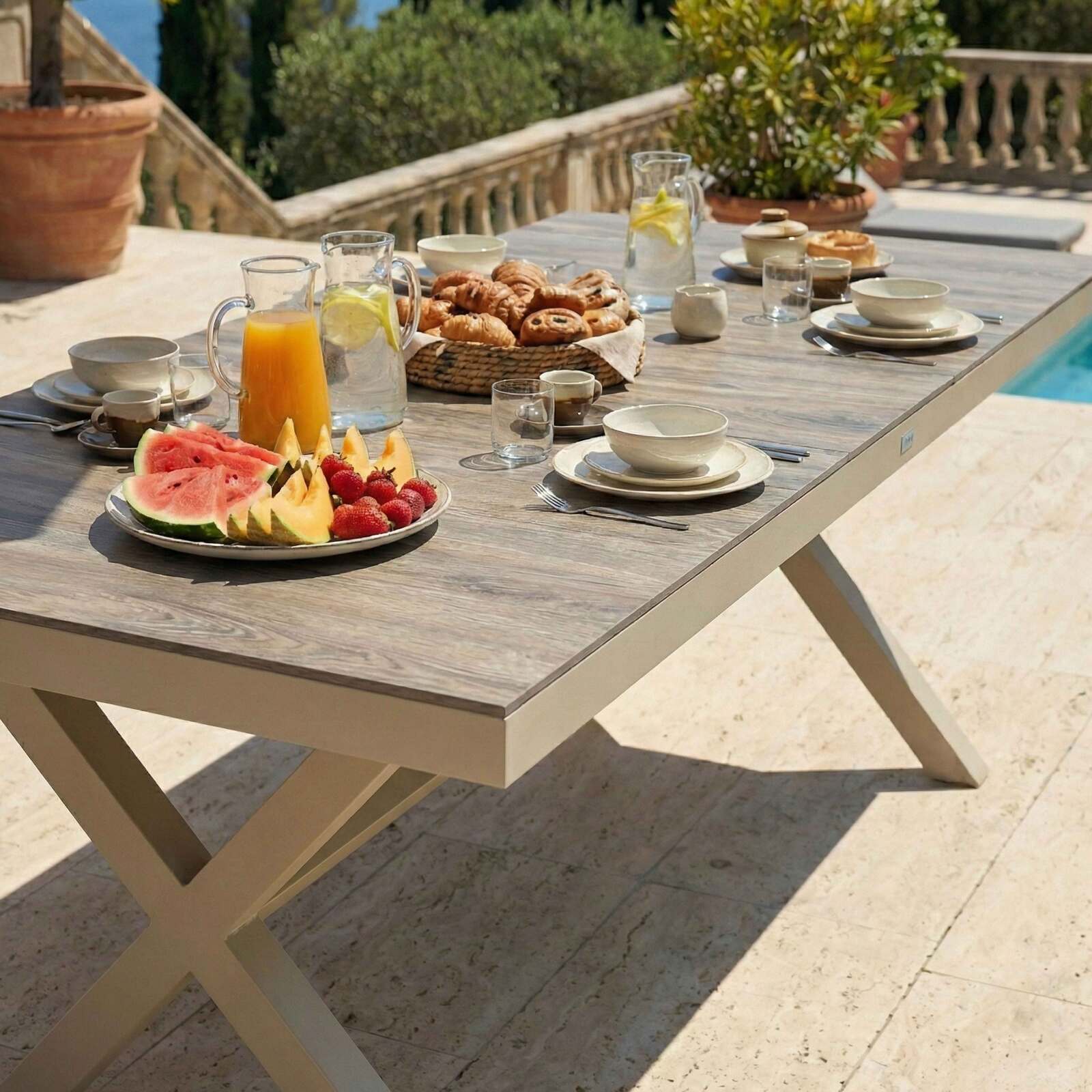 Table de jardin en aluminium et céramique effet bois 8 personnes 201x100 cm