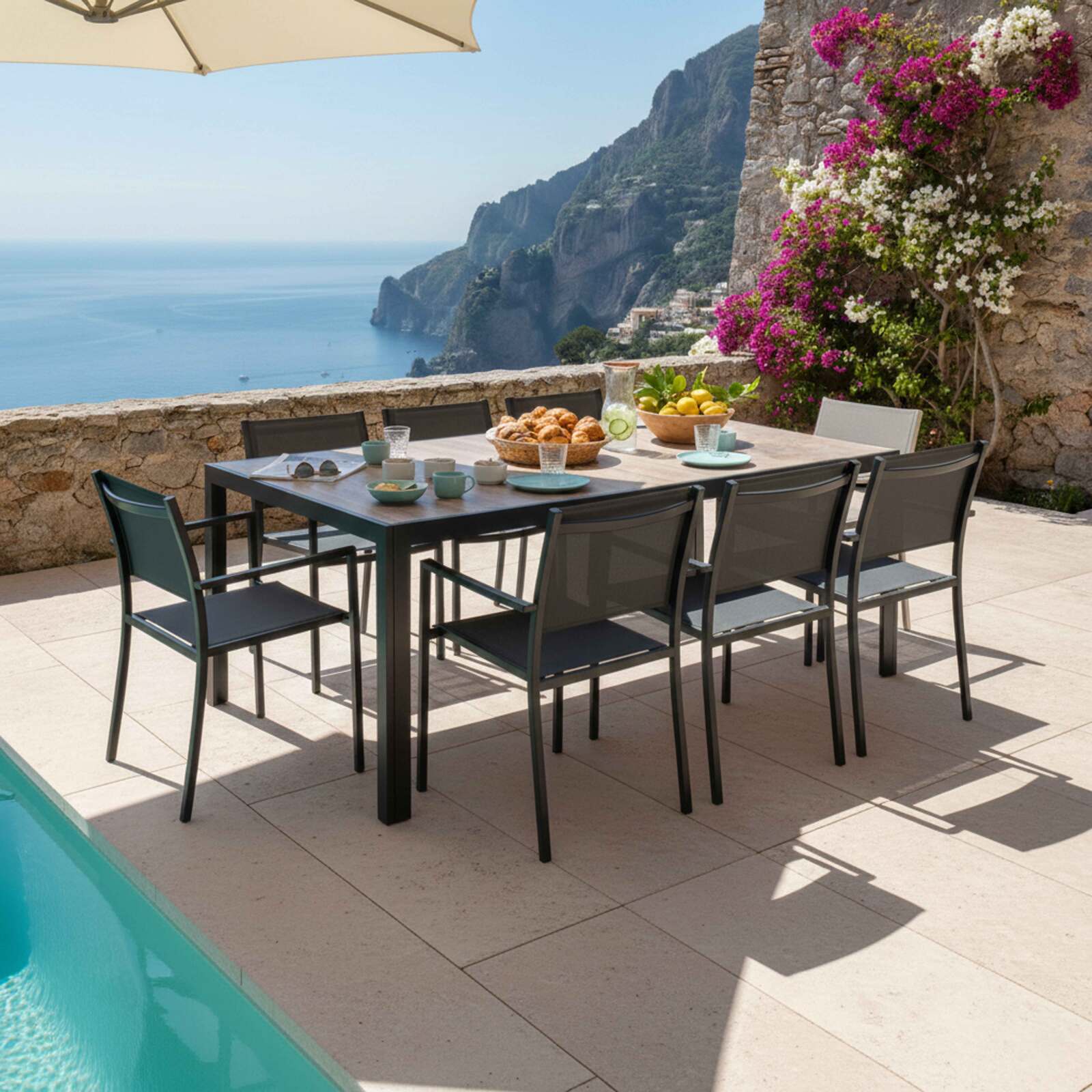 Table de jardin en aluminium et céramique effet bois 206x100 cm et 8 chaises en textilène