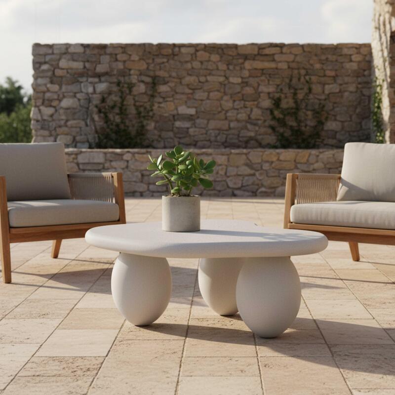 Table basse de jardin design forme organique effet béton lisse 80x80x40 cm - Ambiance