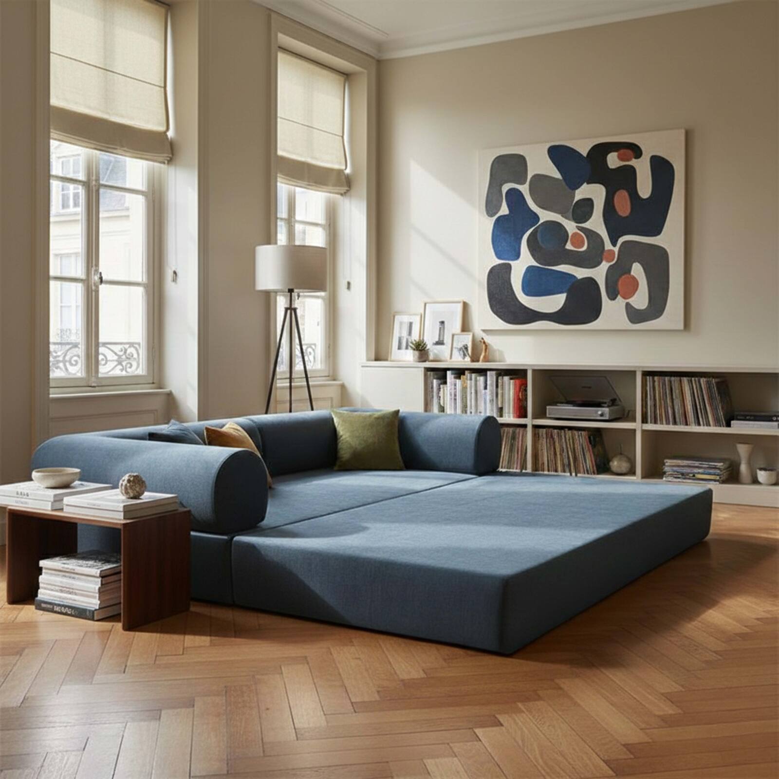 Canapé convertible 2 places en tissu avec coussins modulables