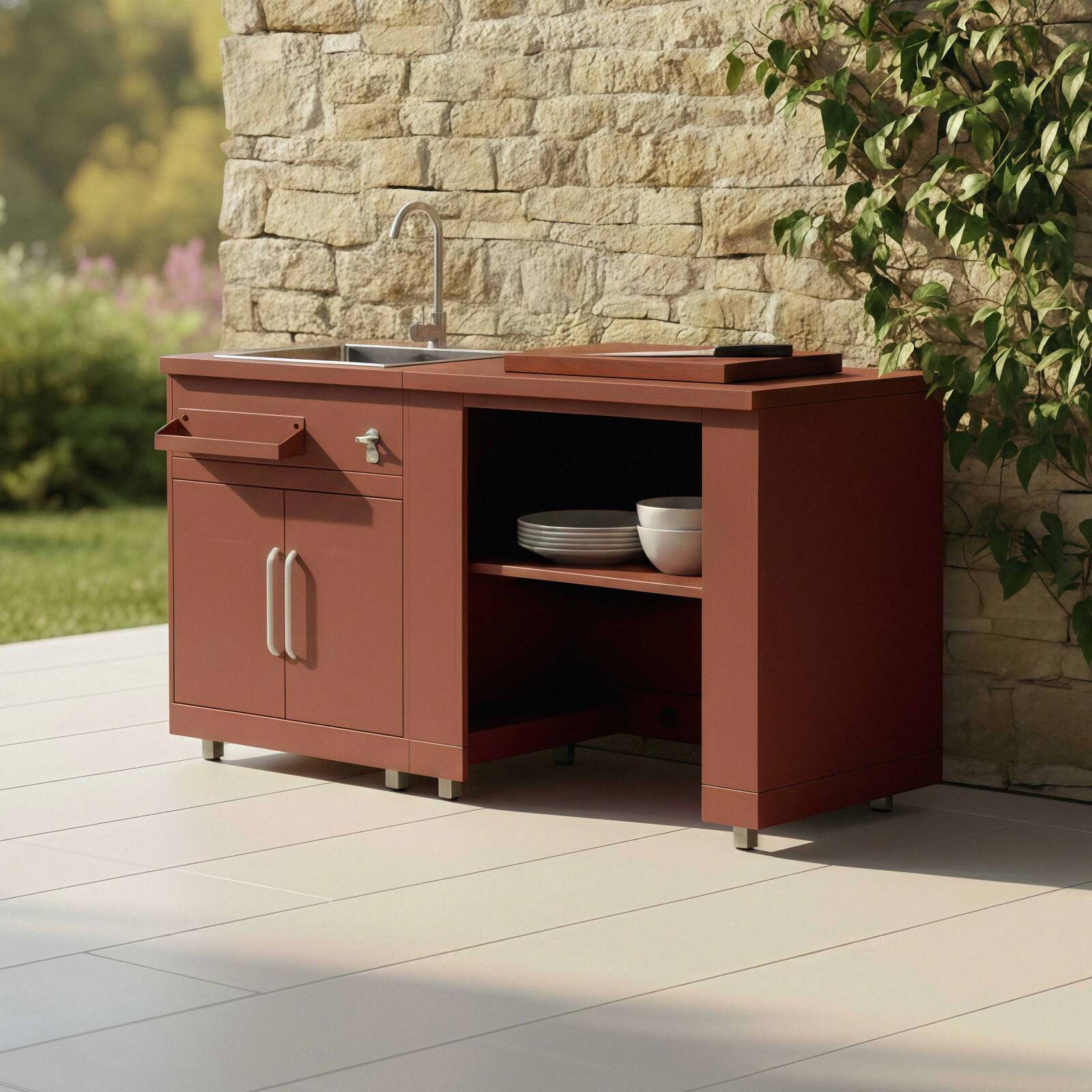 Cuisine extérieure en métal avec évier et rangements - 2 modules