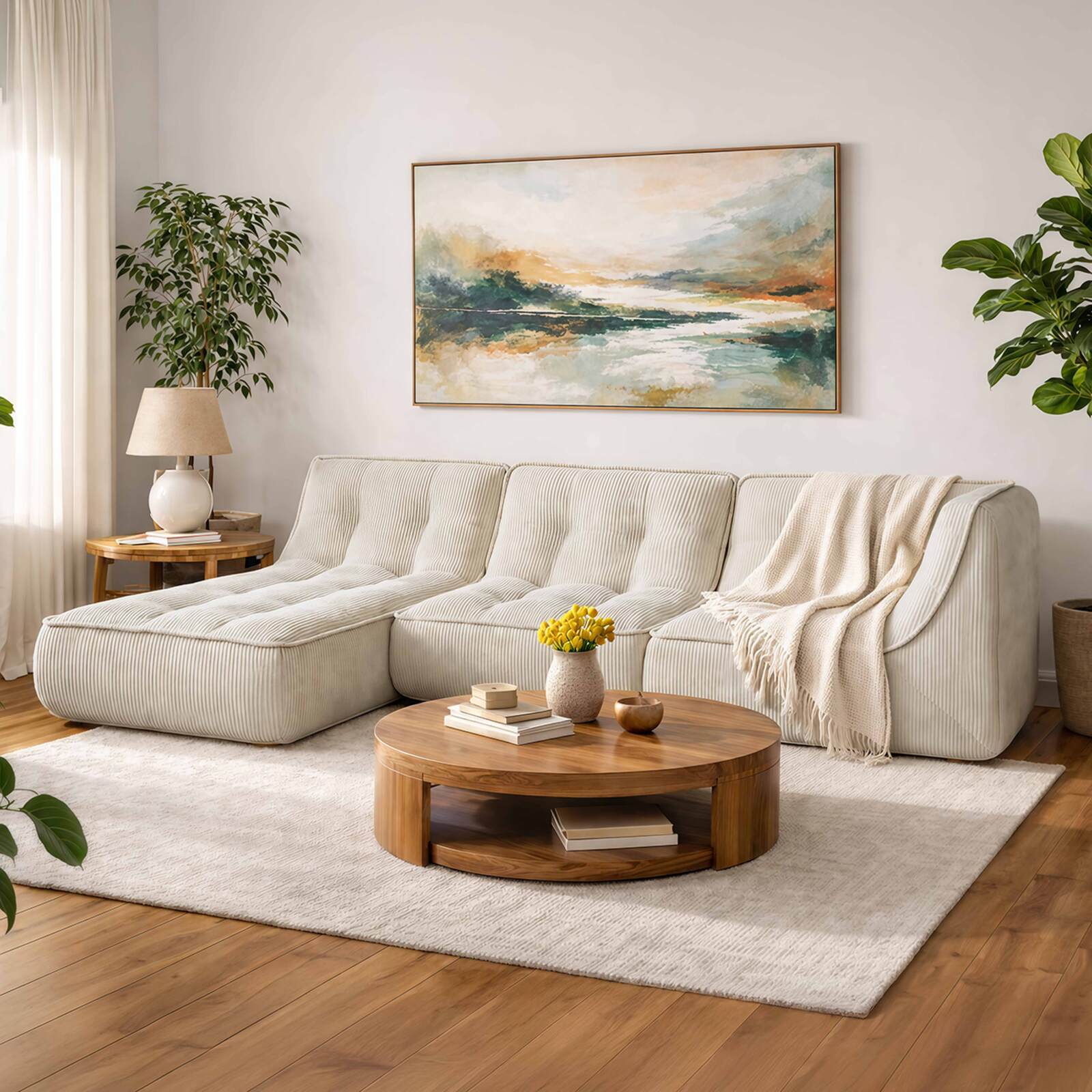 Canapé modulable 3 places en tissu côtelé avec méridienne