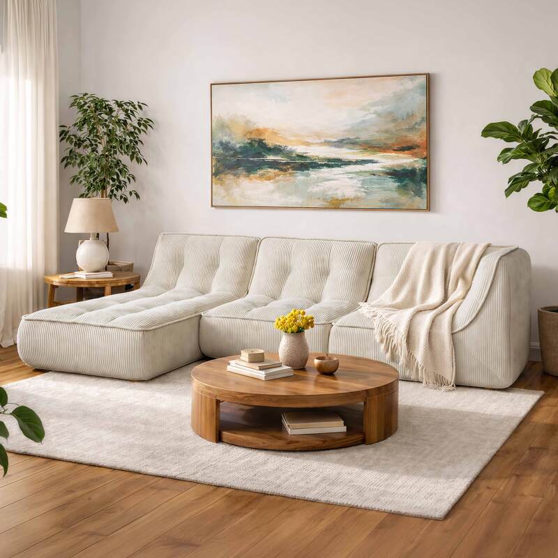 Canapé modulable 3 places en tissu côtelé avec méridienne