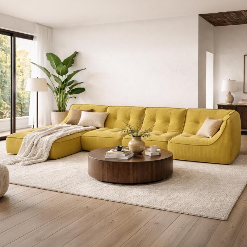 Canapé modulable 4 places en tissu côtelé avec méridienne