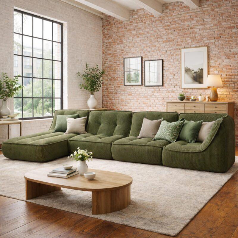 Canapé modulable 4 places en tissu côtelé avec méridienne