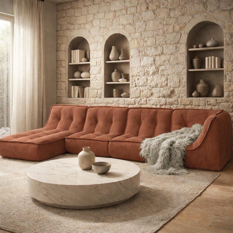 Canapé modulable 4 places en tissu côtelé avec méridienne