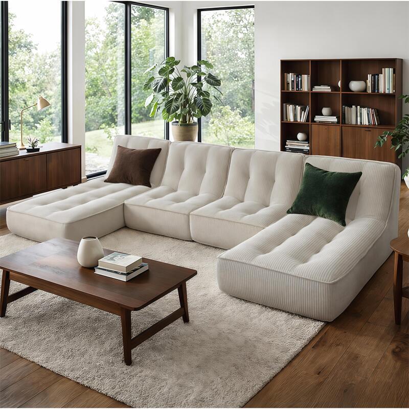 Canapé modulable 4 places en tissu côtelé avec 2 méridiennes