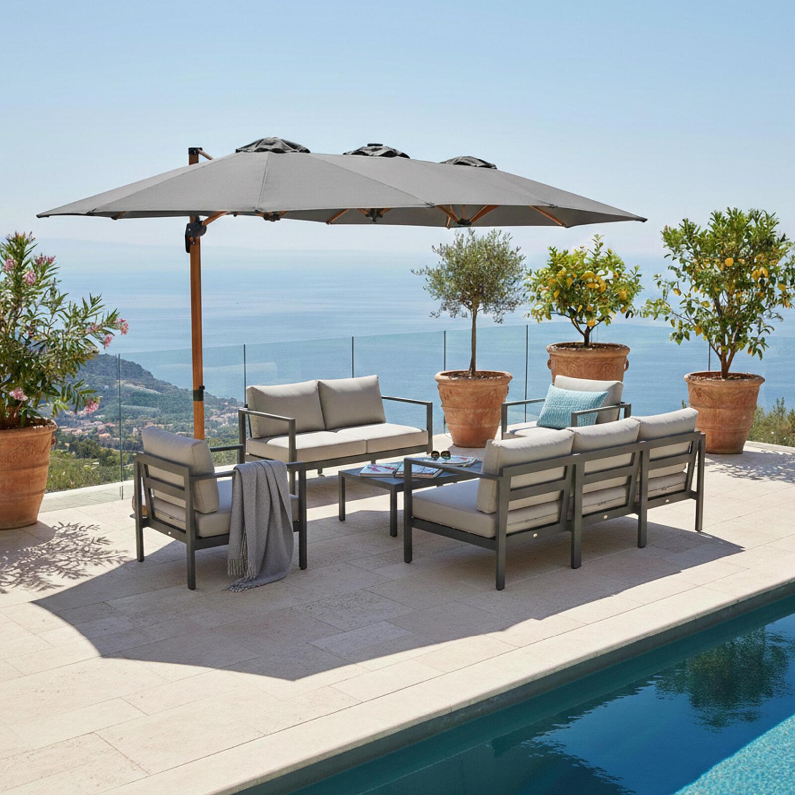 Parasol déporté 3 têtes 4,5x2,65 m rotatif 360° avec mât effet bois et housse de protection