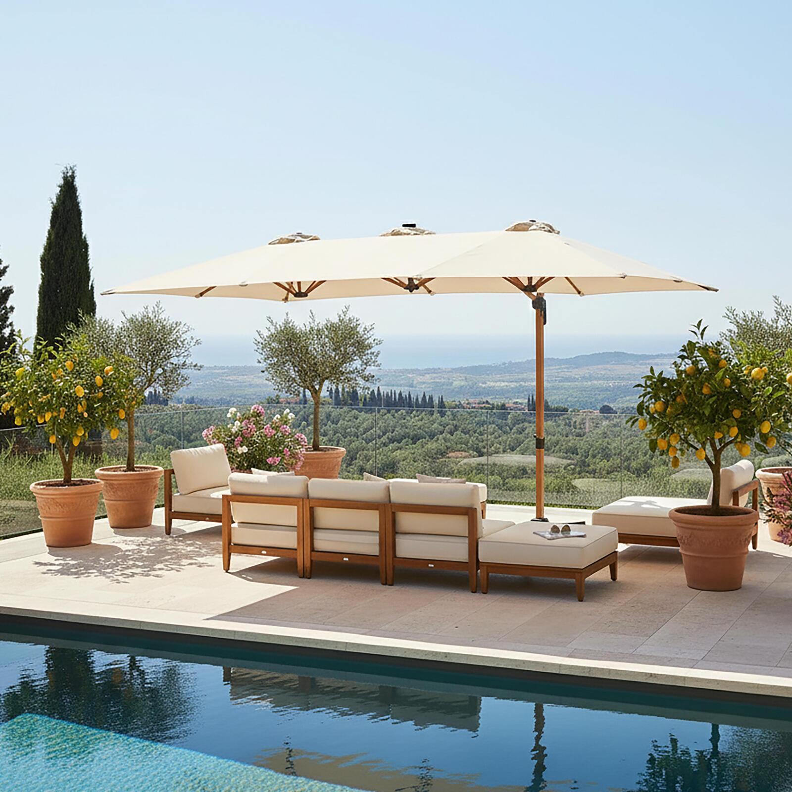 Parasol déporté 3 têtes 4,5x2,65 m rotatif 360° avec mât effet bois et housse de protection