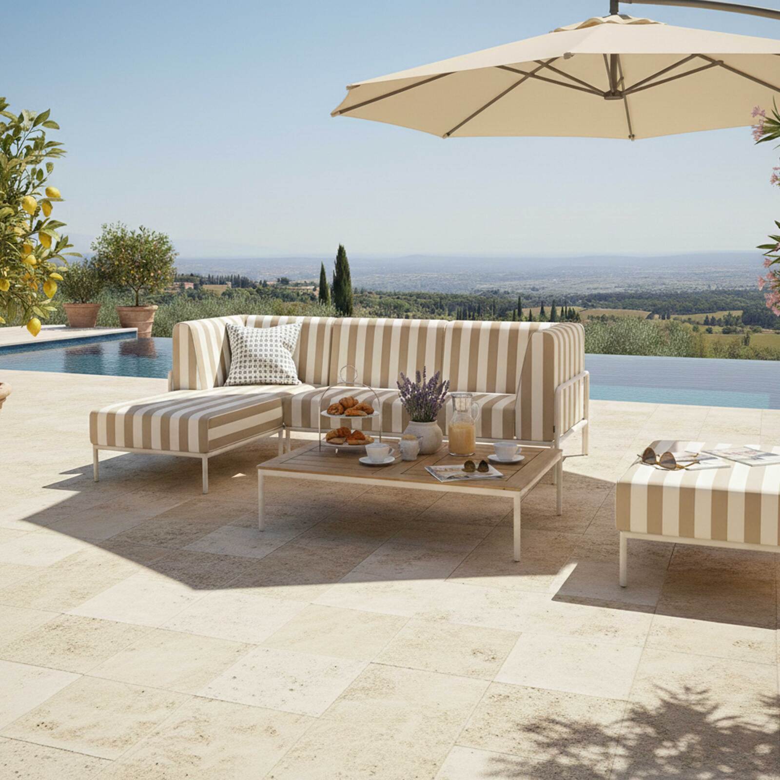 Salon de jardin modulable rayé 4 places avec 1 chauffeuse, 1 fauteuil d'angle, 1 méridienne et 1 pouf