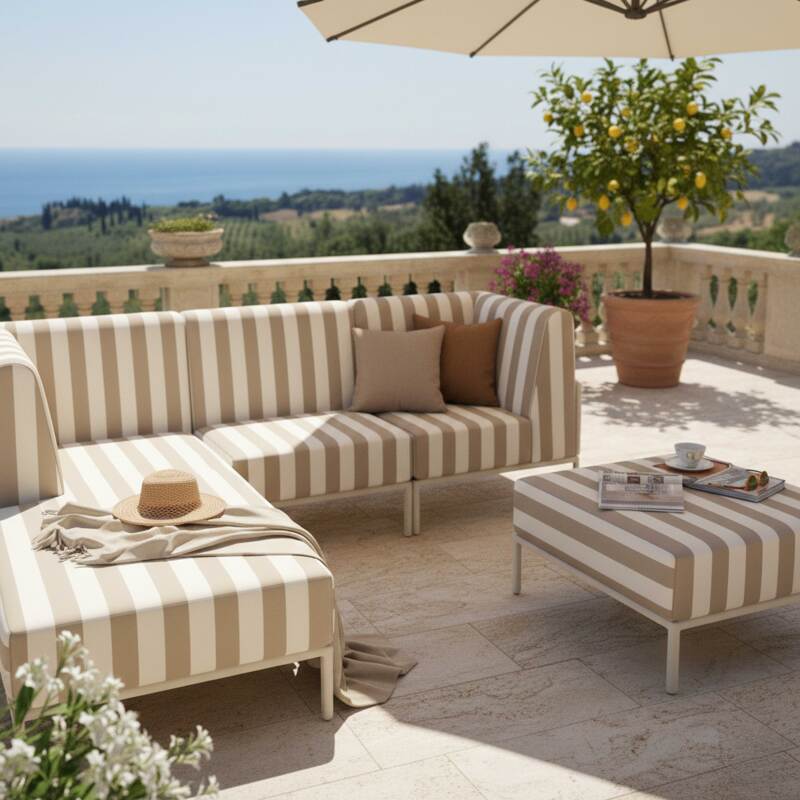Salon de jardin modulable rayé 4 places avec 1 chauffeuse, 1 fauteuil d'angle, 1 méridienne et 1 pouf (2/8)