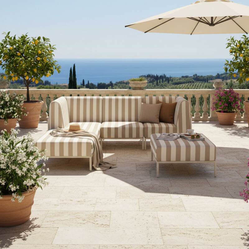 Salon de jardin modulable rayé 4 places avec 1 chauffeuse, 1 fauteuil d'angle, 1 méridienne et 1 pouf