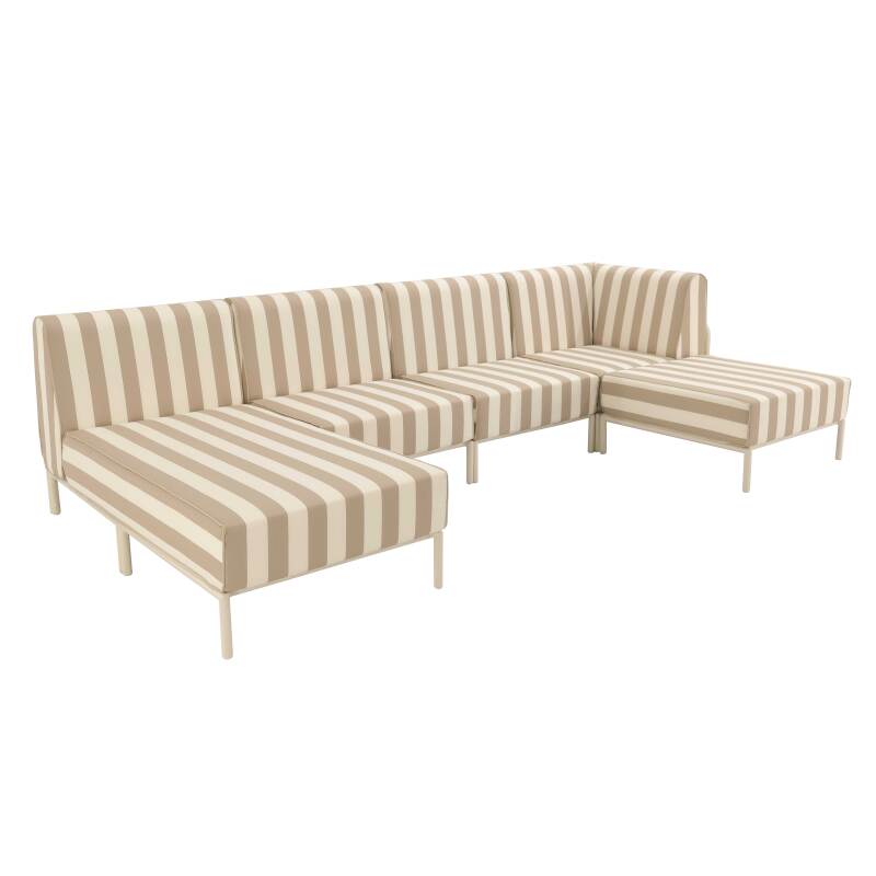 Salon de jardin modulable rayé 5 places avec 2 chauffeuses, 1 fauteuil d'angle, 1 méridienne et 1 pouf