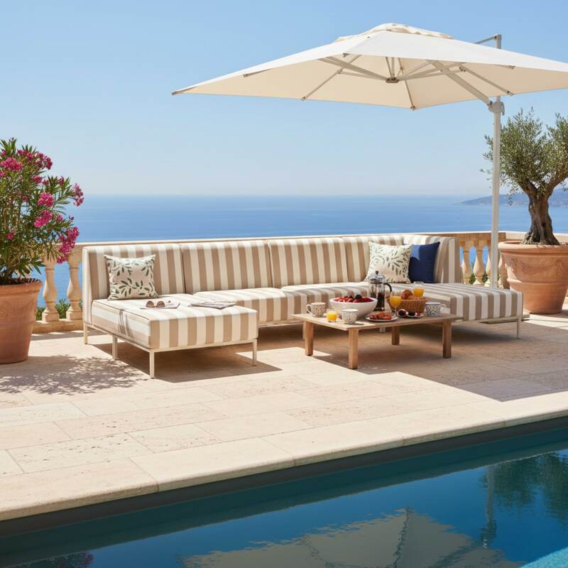 Salon de jardin modulable rayé 5 places avec 2 chauffeuses, 1 fauteuil d'angle, 1 méridienne et 1 pouf