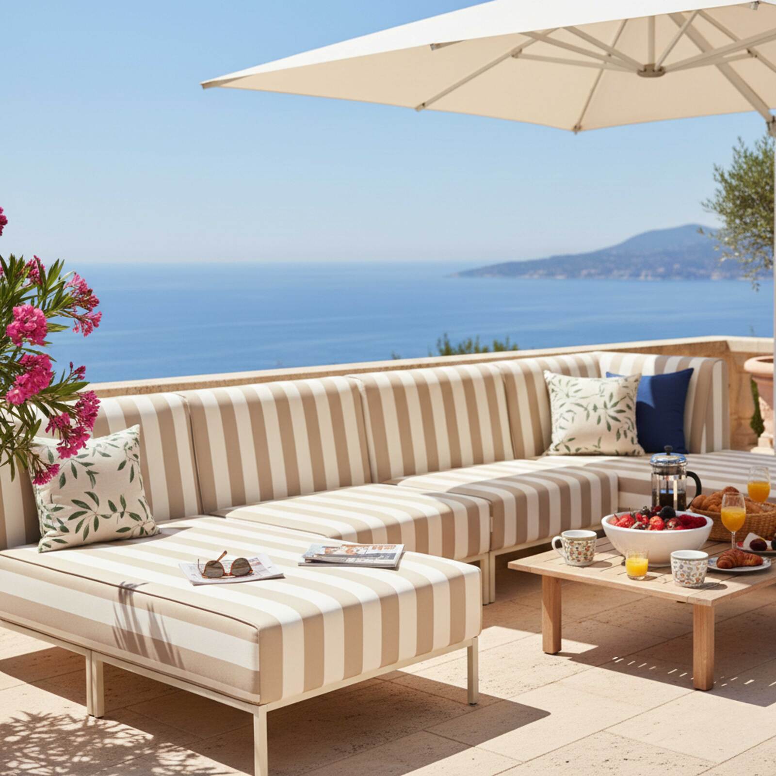 Salon de jardin modulable rayé 5 places avec 2 chauffeuses, 1 fauteuil d'angle, 1 méridienne et 1 pouf