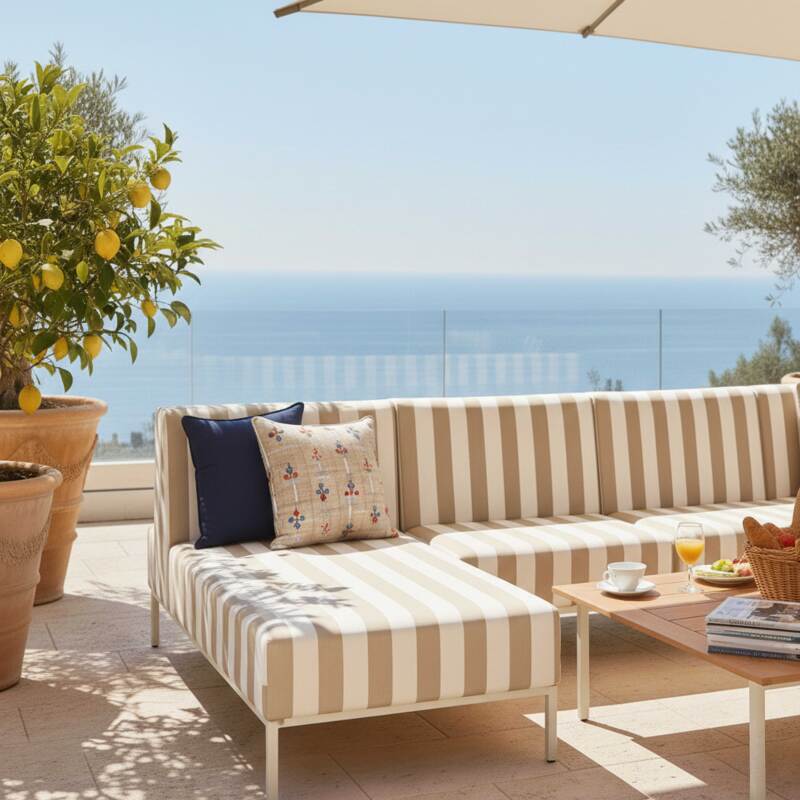 Salon de jardin modulable rayé 6 places avec 3 chauffeuses, 1 fauteuil d'angle, 1 méridienne et 1 pouf (2/7)