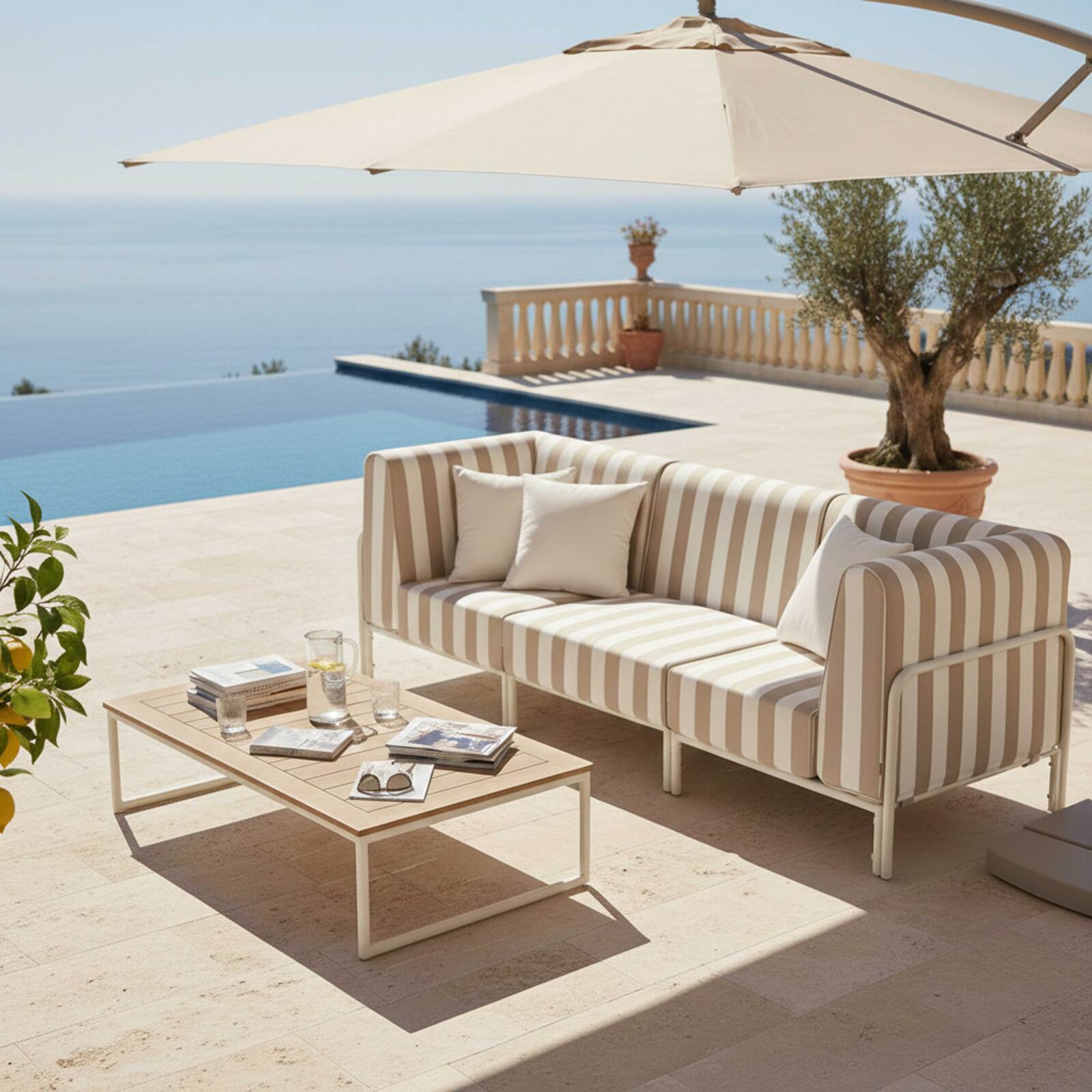 Salon de jardin modulable rayé 3 places avec 1 chauffeuse et 2 fauteuils d'angle