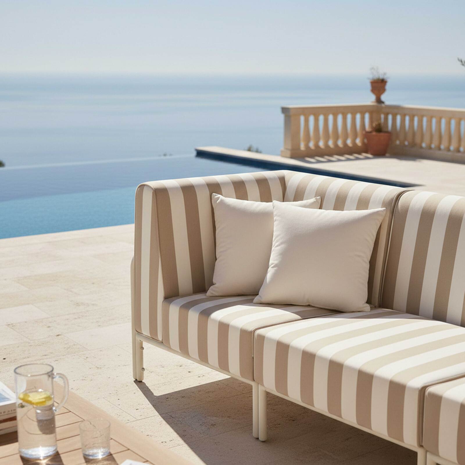 Salon de jardin modulable rayé 3 places avec 1 chauffeuse et 2 fauteuils d'angle