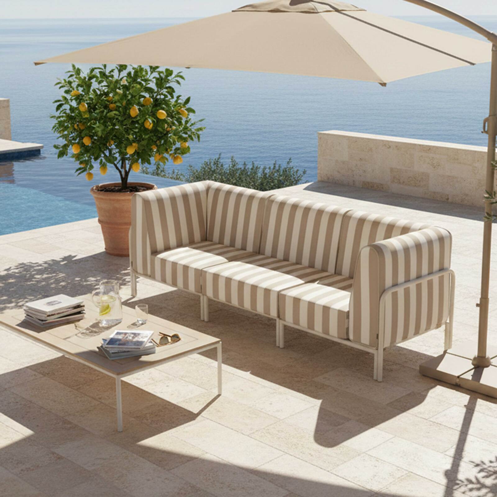 Salon de jardin modulable rayé 3 places avec 1 chauffeuse et 2 fauteuils d'angle