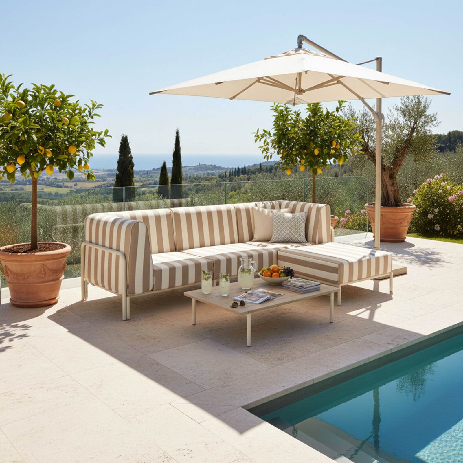Salon de jardin modulable rayé 4 places avec 1 chauffeuse, 2 fauteuils d'angle et un pouf