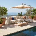 Salon de jardin modulable rayé 5 places avec 2 chauffeuses, 2 fauteuils d'angle et un pouf