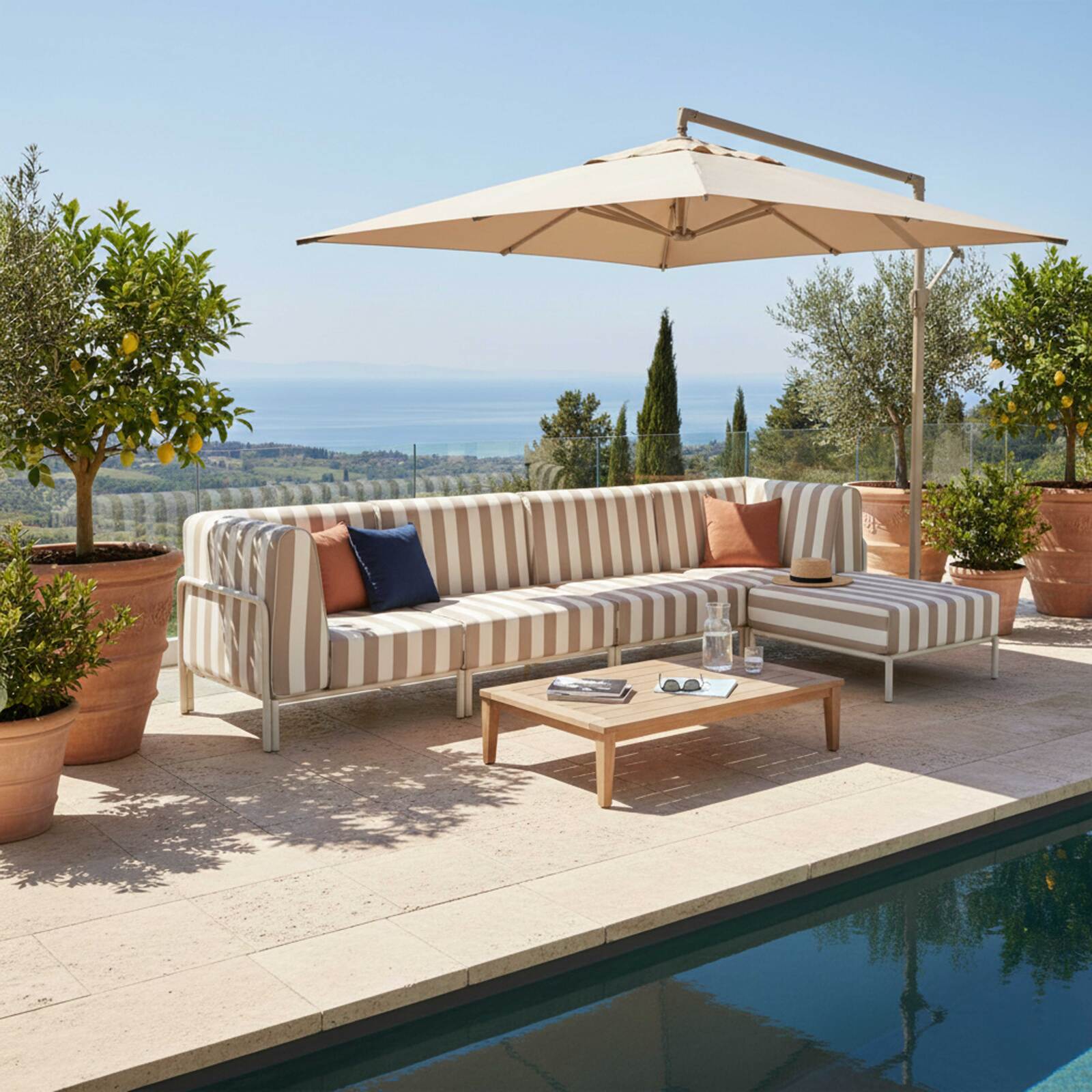 Salon de jardin modulable rayé 5 places avec 2 chauffeuses, 2 fauteuils d'angle et un pouf