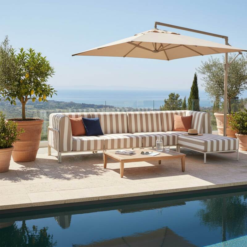 Salon de jardin modulable rayé 5 places avec 2 chauffeuses, 2 fauteuils d'angle et un pouf (7/8)