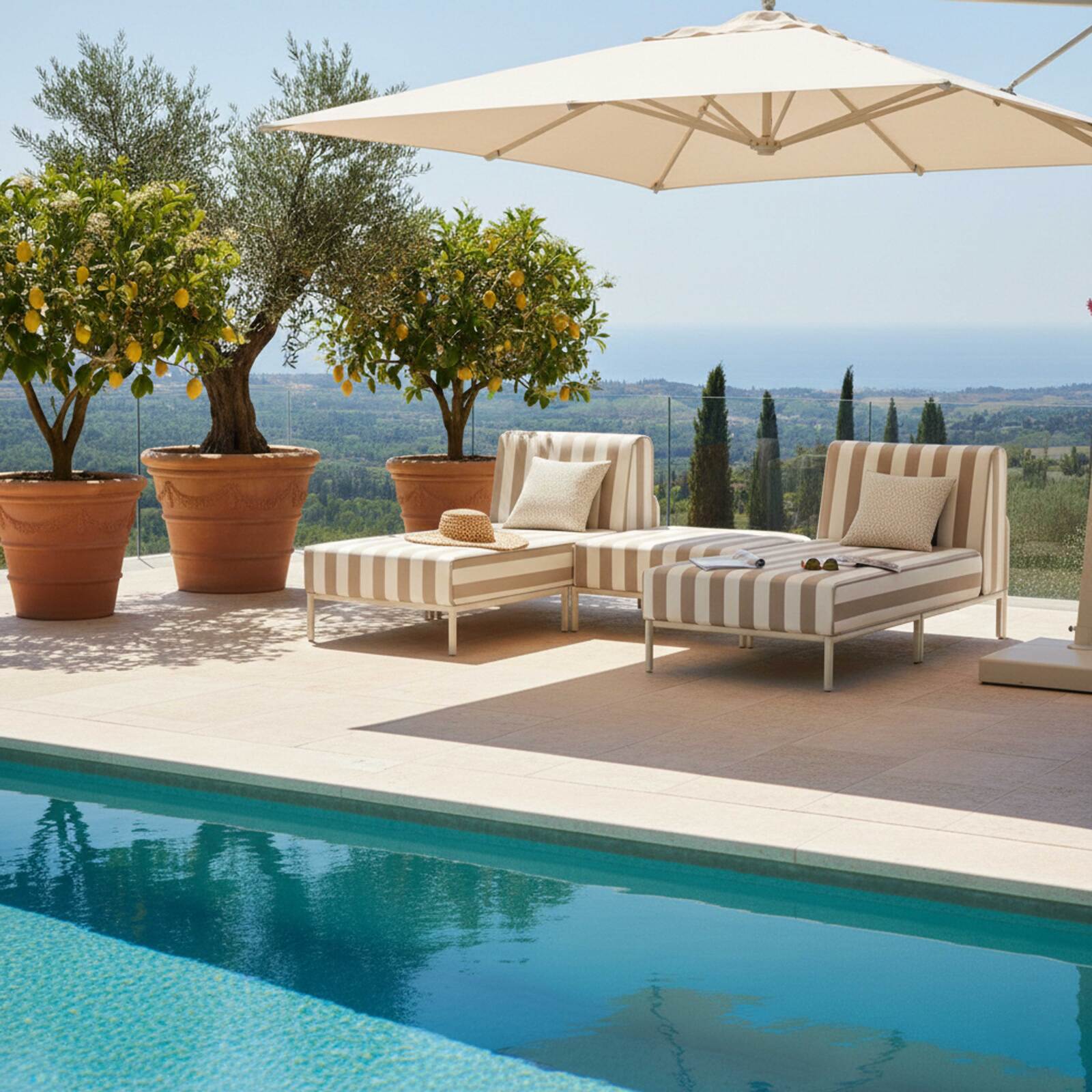 Salon de jardin modulable rayé 3 places avec 2 méridiennes et 1 pouf