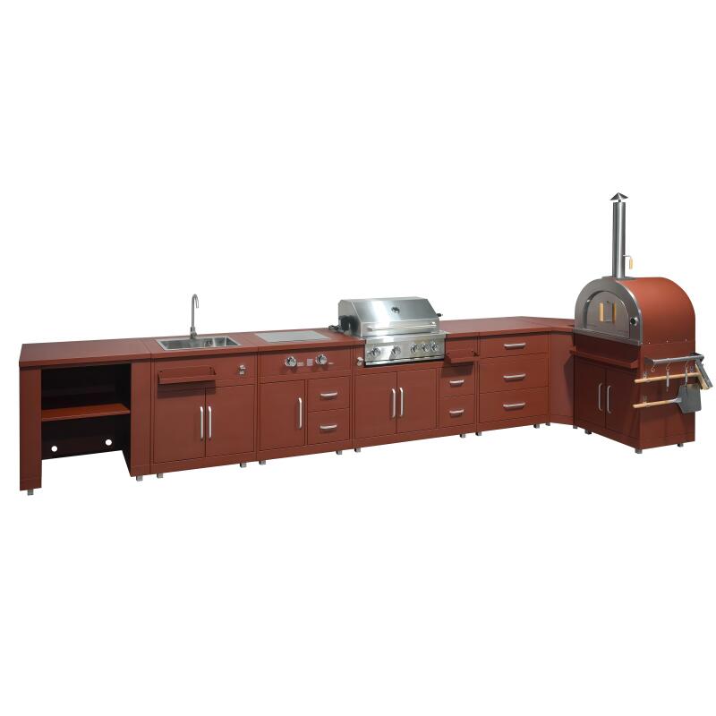 Cuisine extérieure en métal d'angle avec évier, four à pizza, gazinière, barbecue et rangements - 7 modules