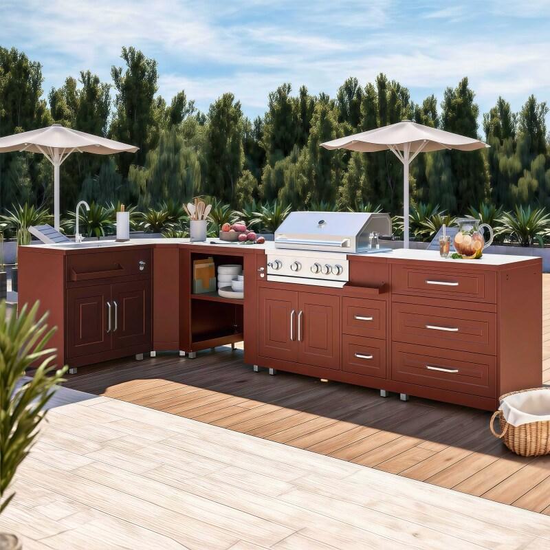 Cuisine extérieure en métal d'angle avec évier, barbecue et rangements - 5 modules