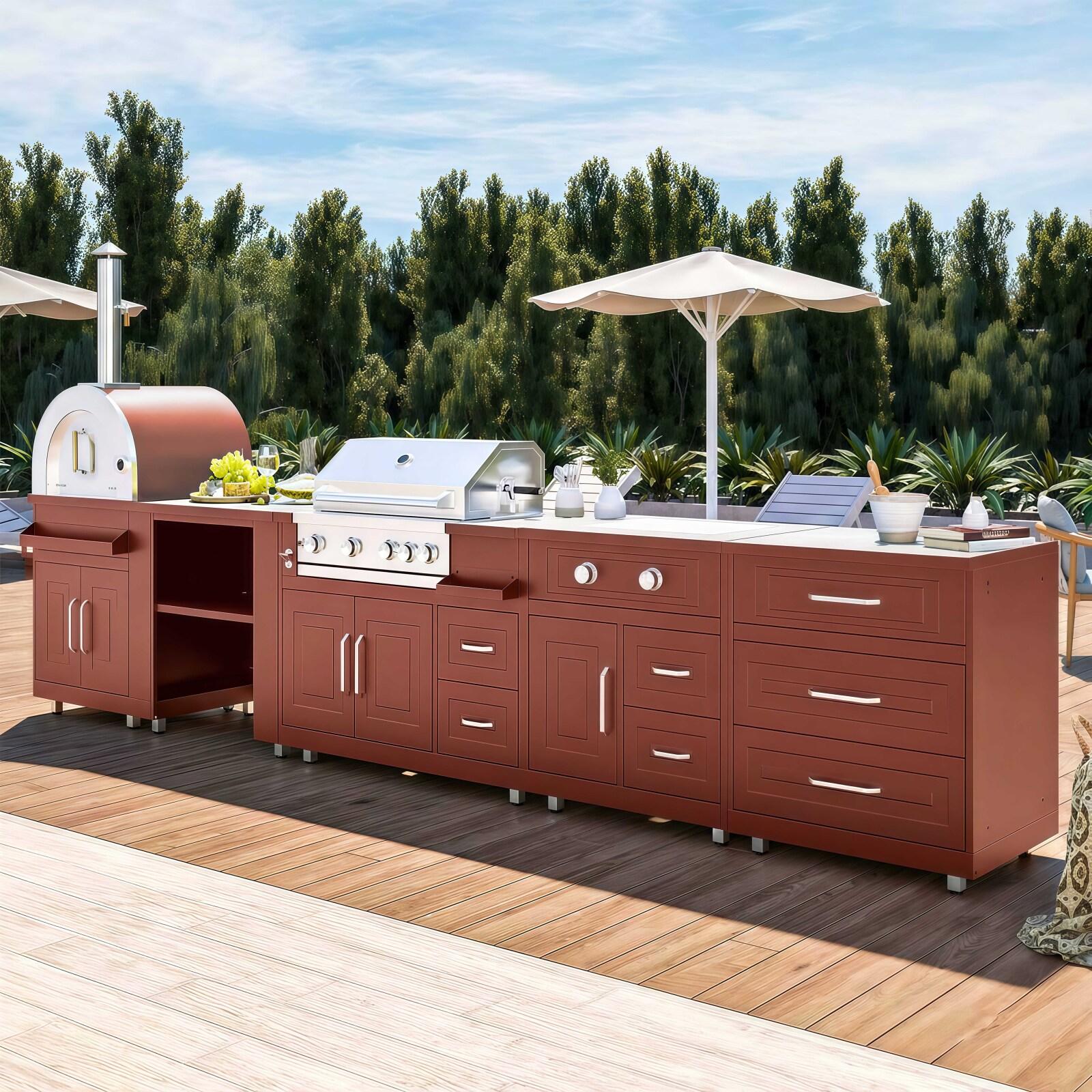 Cuisine extérieure en métal avec four à pizza, barbecue et rangements - 5 modules
