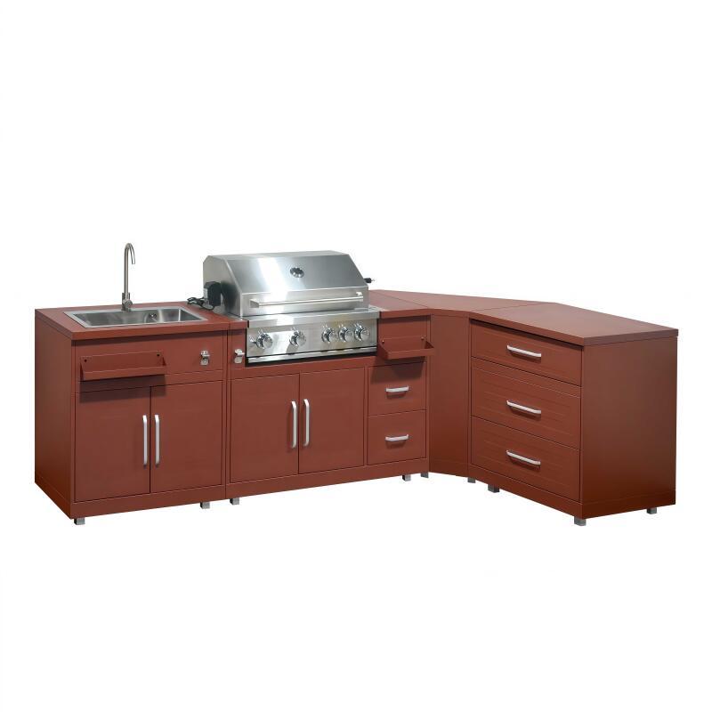 Cuisine extérieure en métal d'angle avec évier, barbecue et rangements - 4 modules
