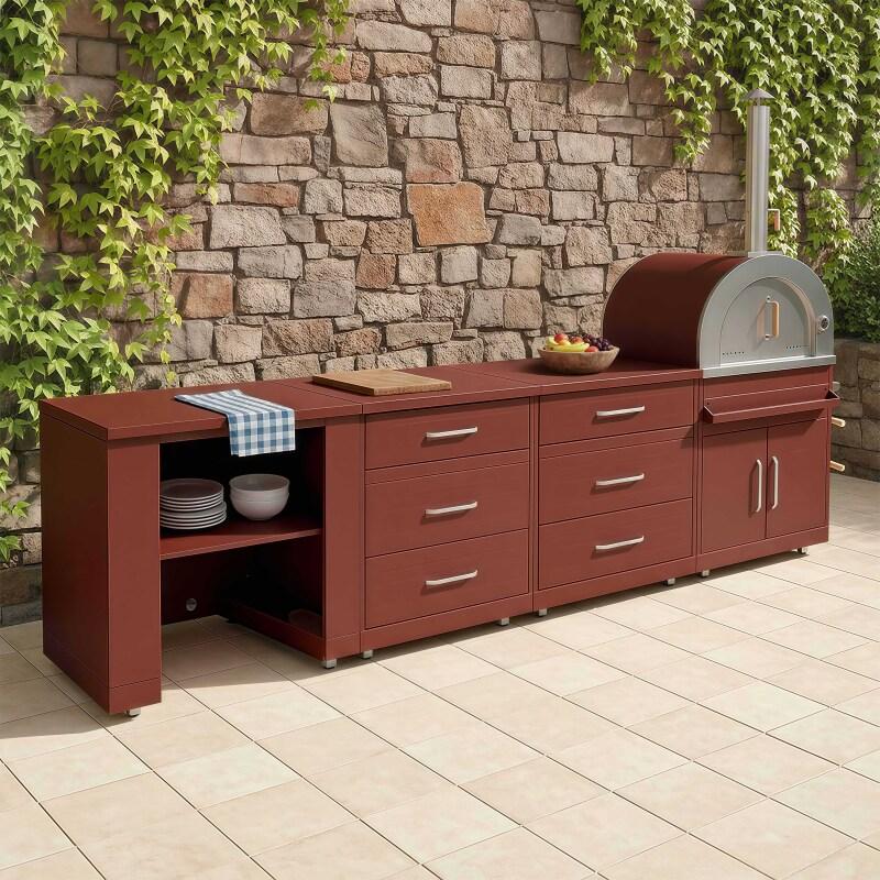 Cuisine extérieure en métal avec four à pizza et rangements - 4 modules - Ambiance