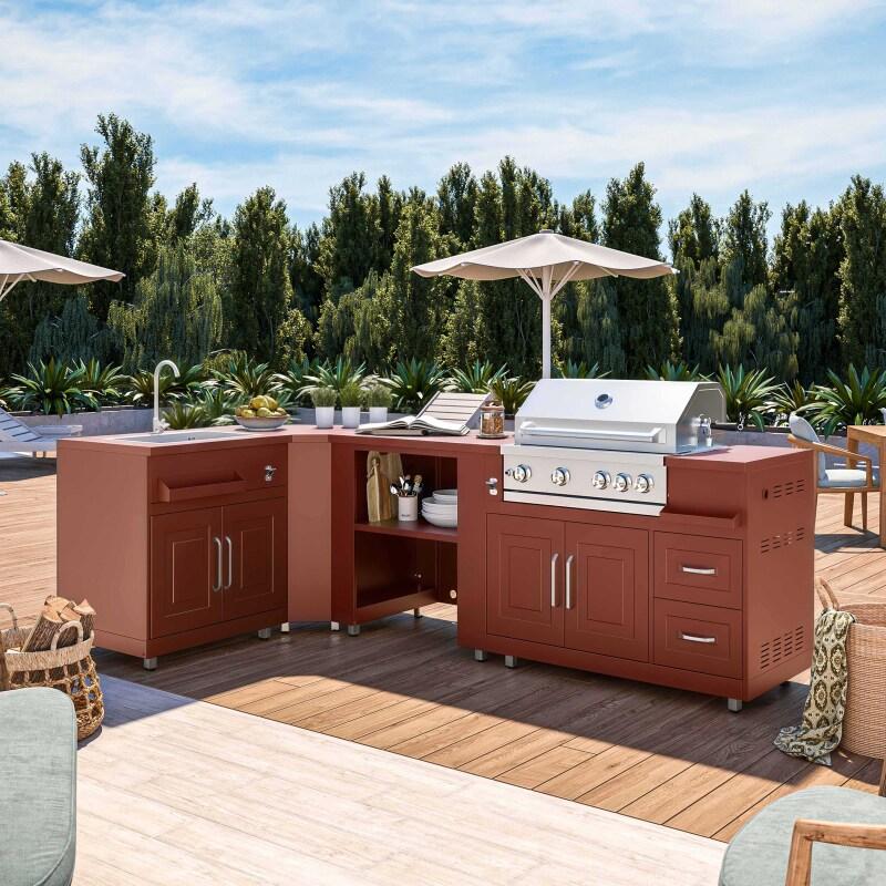 Cuisine extérieure en métal d'angle avec évier, barbecue et rangements - 4 modules - Ambiance