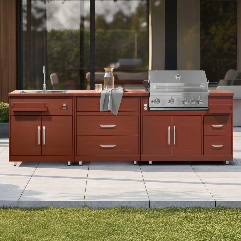 Cuisine extérieure en métal avec évier, barbecue et rangements - 3 modules - Ambiance