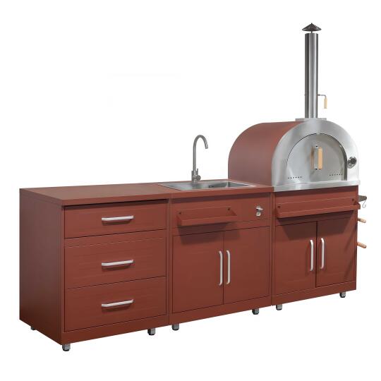 Cuisine extérieure en métal avec évier, four à pizza et rangements - 3 modules | Oviala