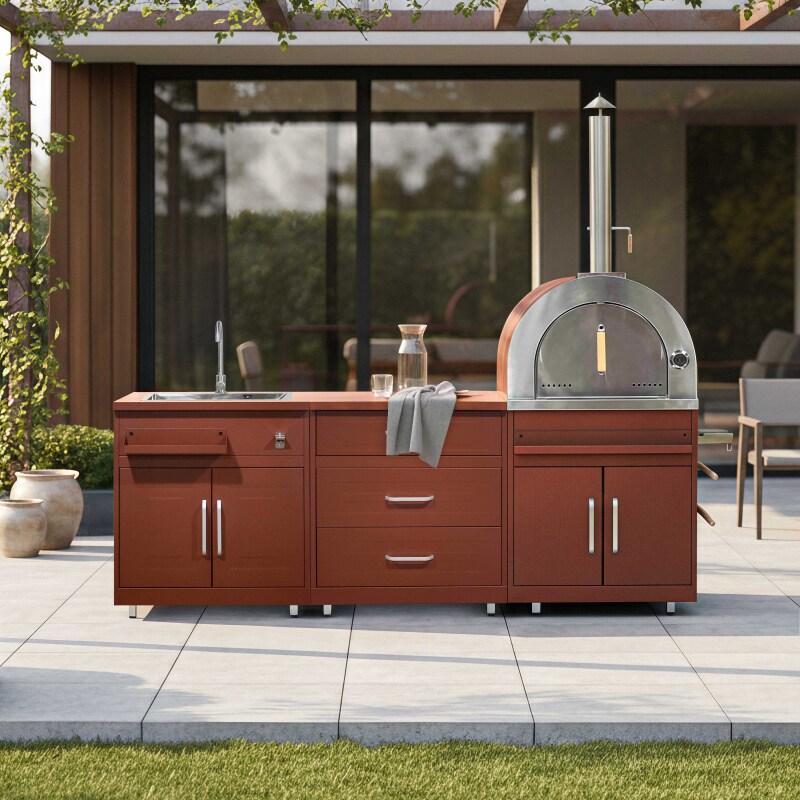 Cuisine extérieure en métal avec évier, four à pizza et rangements - 3 modules - Ambiance