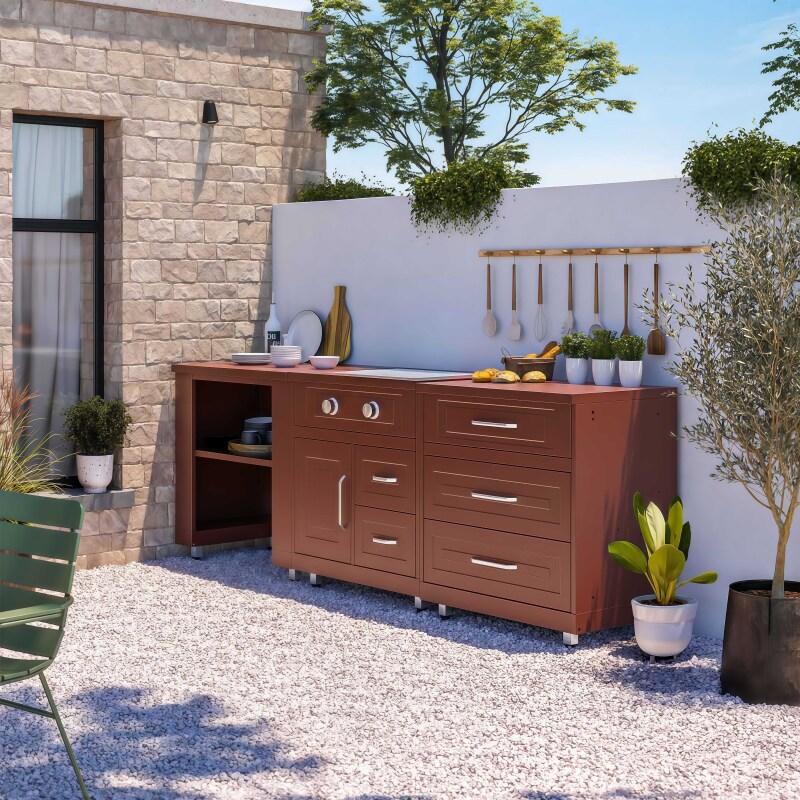 Cuisine extérieure en métal avec gazinière et rangements - 3 modules - Ambiance