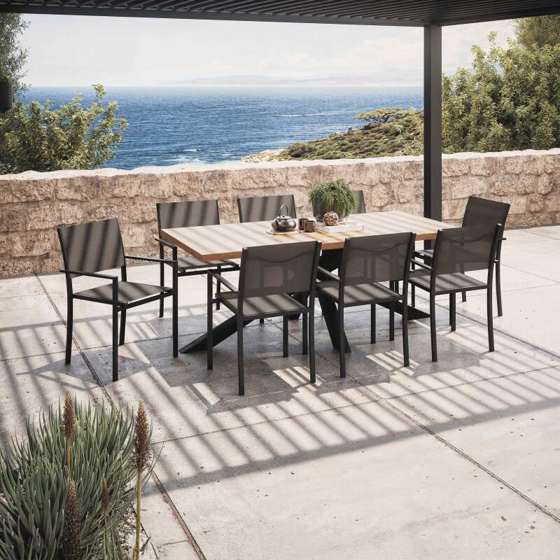 Table de jardin en bois d'acacia et aluminium 200x95 cm et 8 chaises avec accoudoirs en textilène - Ambiance