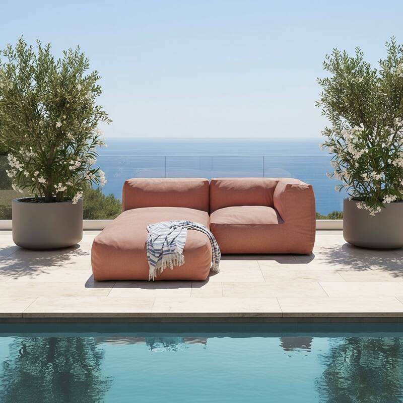 Salon de jardin modulable 2 places avec 1 fauteuil d'angle et 1 méridienne - Ambiance