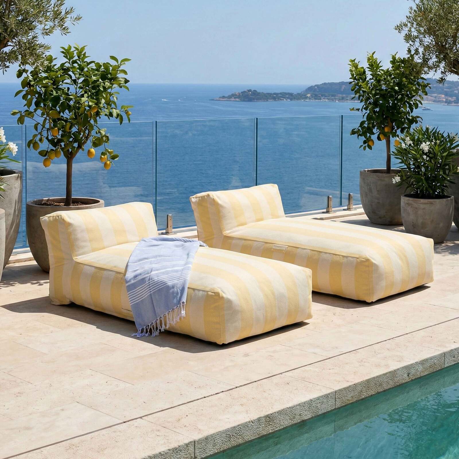 Salon de jardin modulable 2 places avec 2 méridiennes rayées