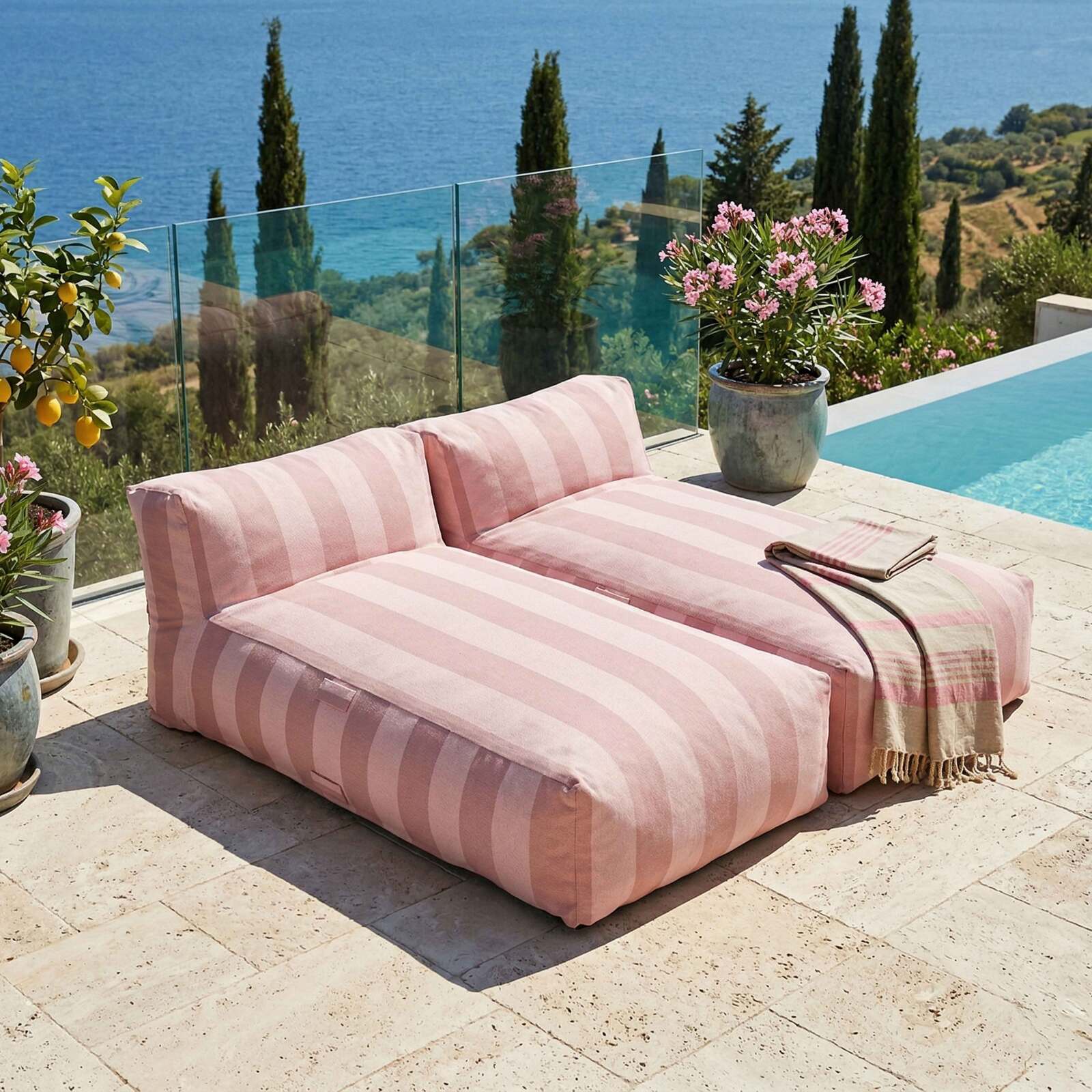 Salon de jardin modulable 2 places avec 2 méridiennes rayées