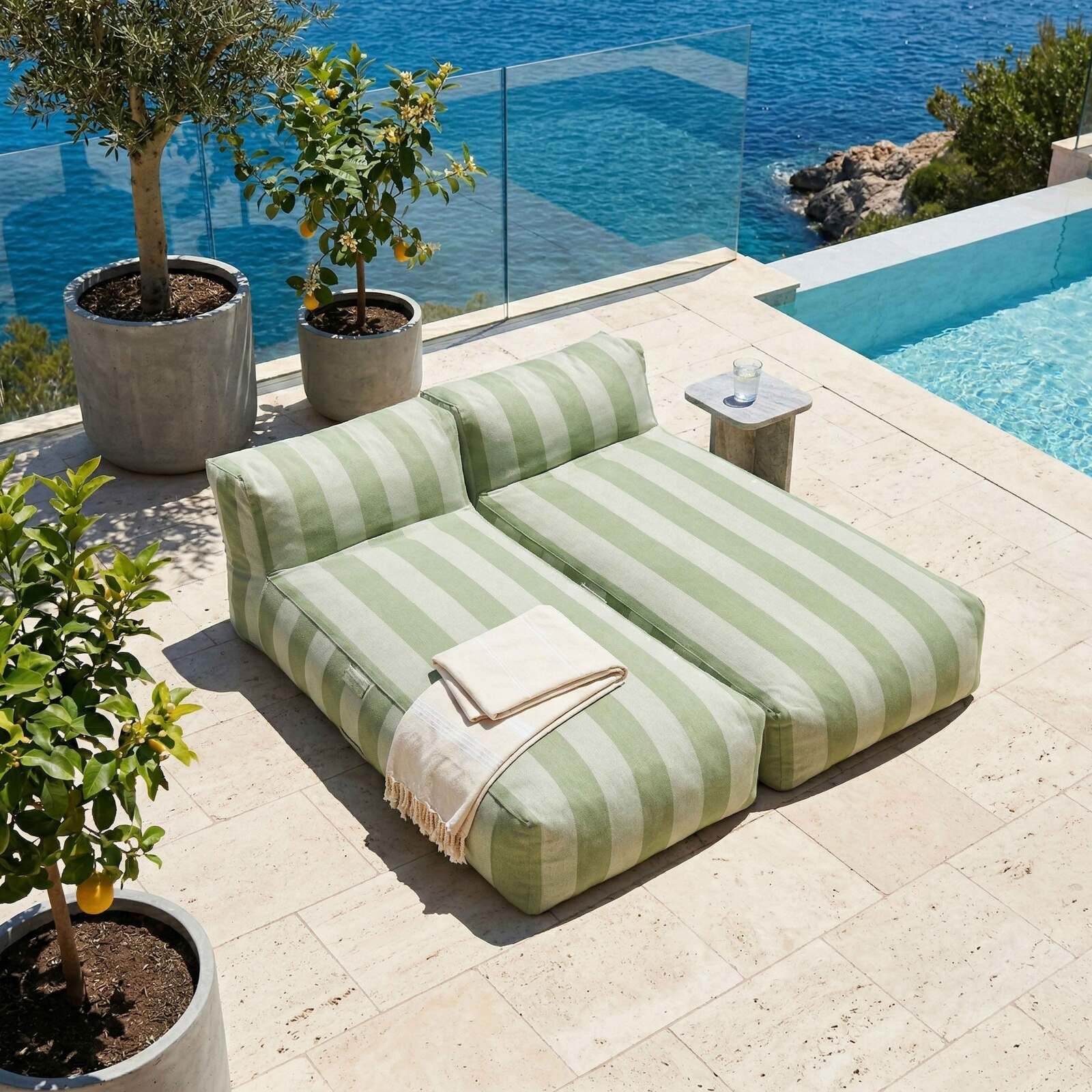 Salon de jardin modulable 2 places avec 2 méridiennes rayées